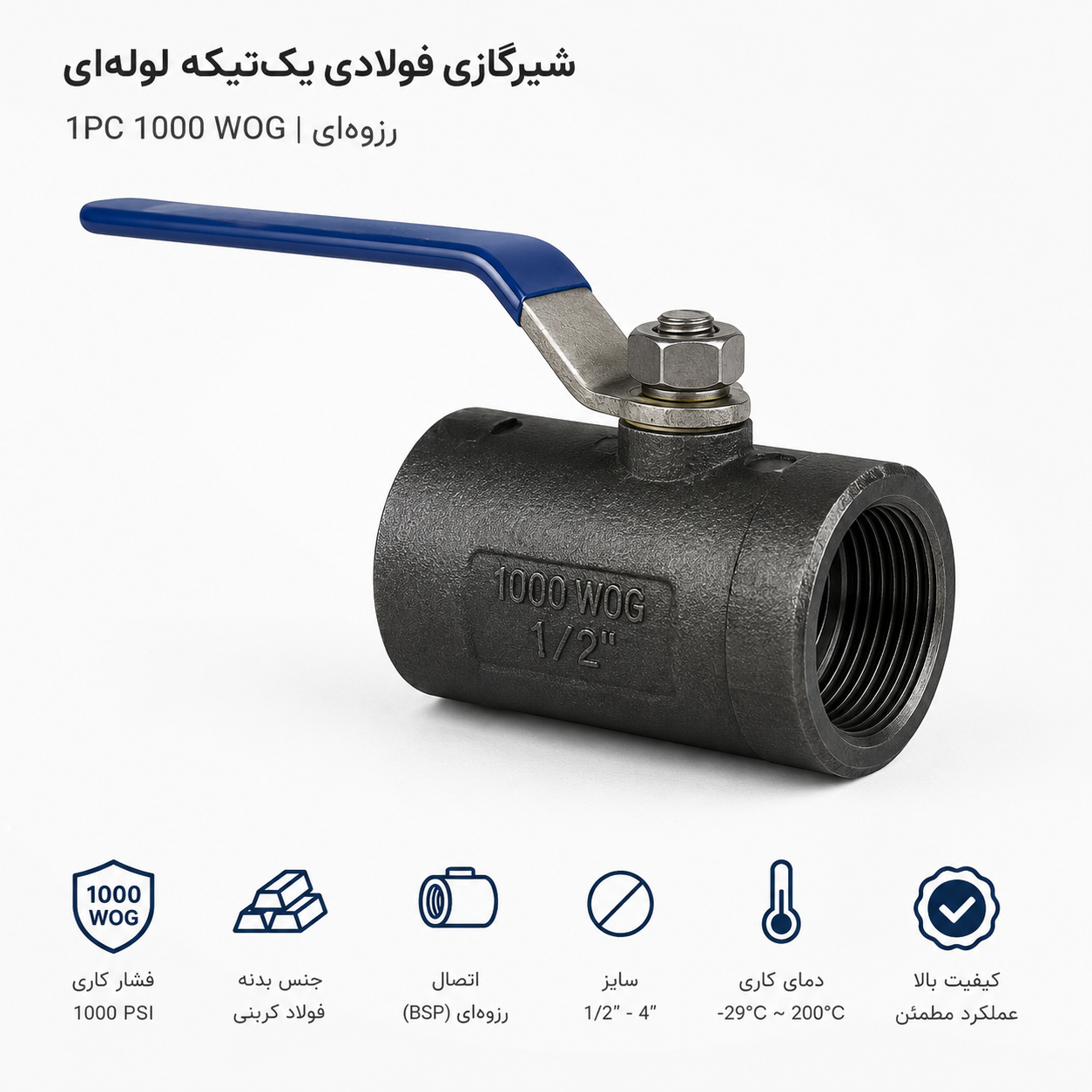 شیرگازی فولادی یک‌تیکه رزوه‌ای 1PC 1000 WOG لوله‌ای