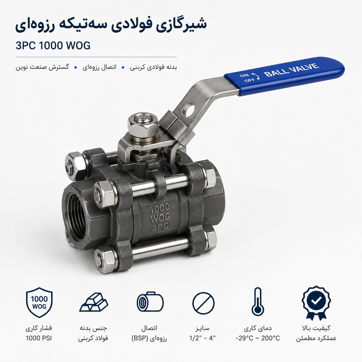 شیرگازی فولادی سه‌تیکه رزوه‌ای 3PC 1000 WOG